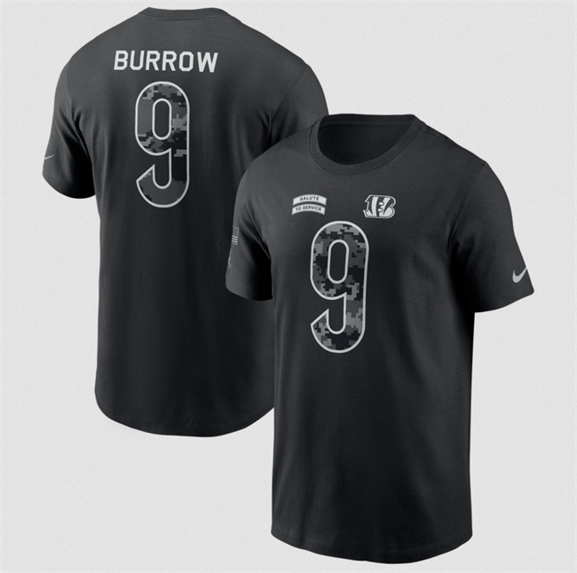 Men's Black Cincinnati Bengals #9 Joe Burrow 2026 Salute to Service Name & Number T-Shirt